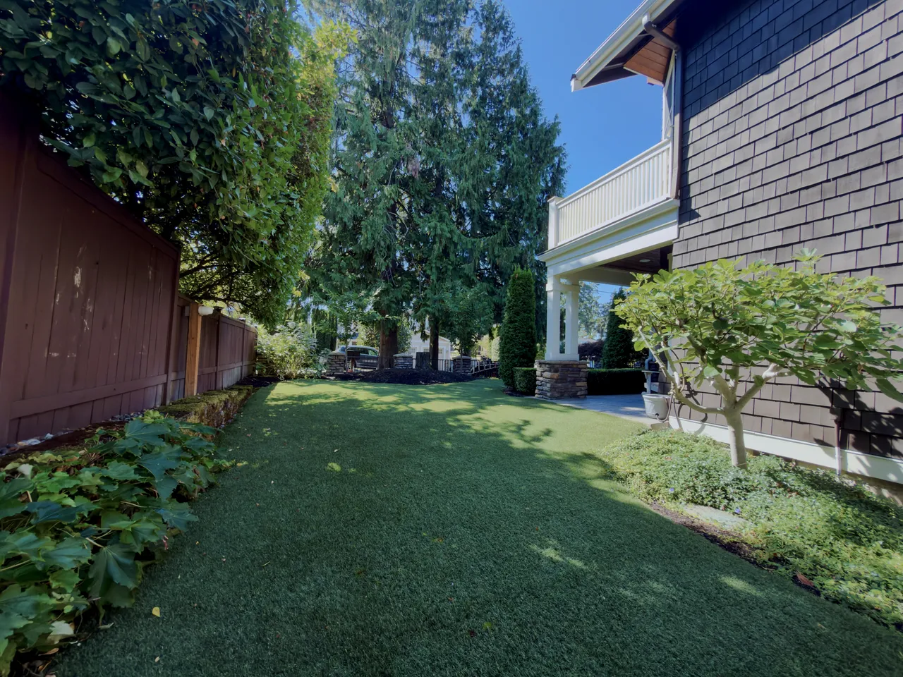Narrow side yard lawn between a cedar fence and a house